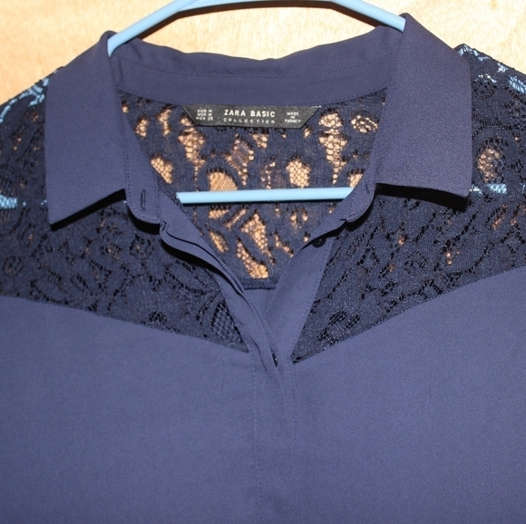 Zara Laceed Sleeves Navy Blue Blouse - Picture 3 of 7